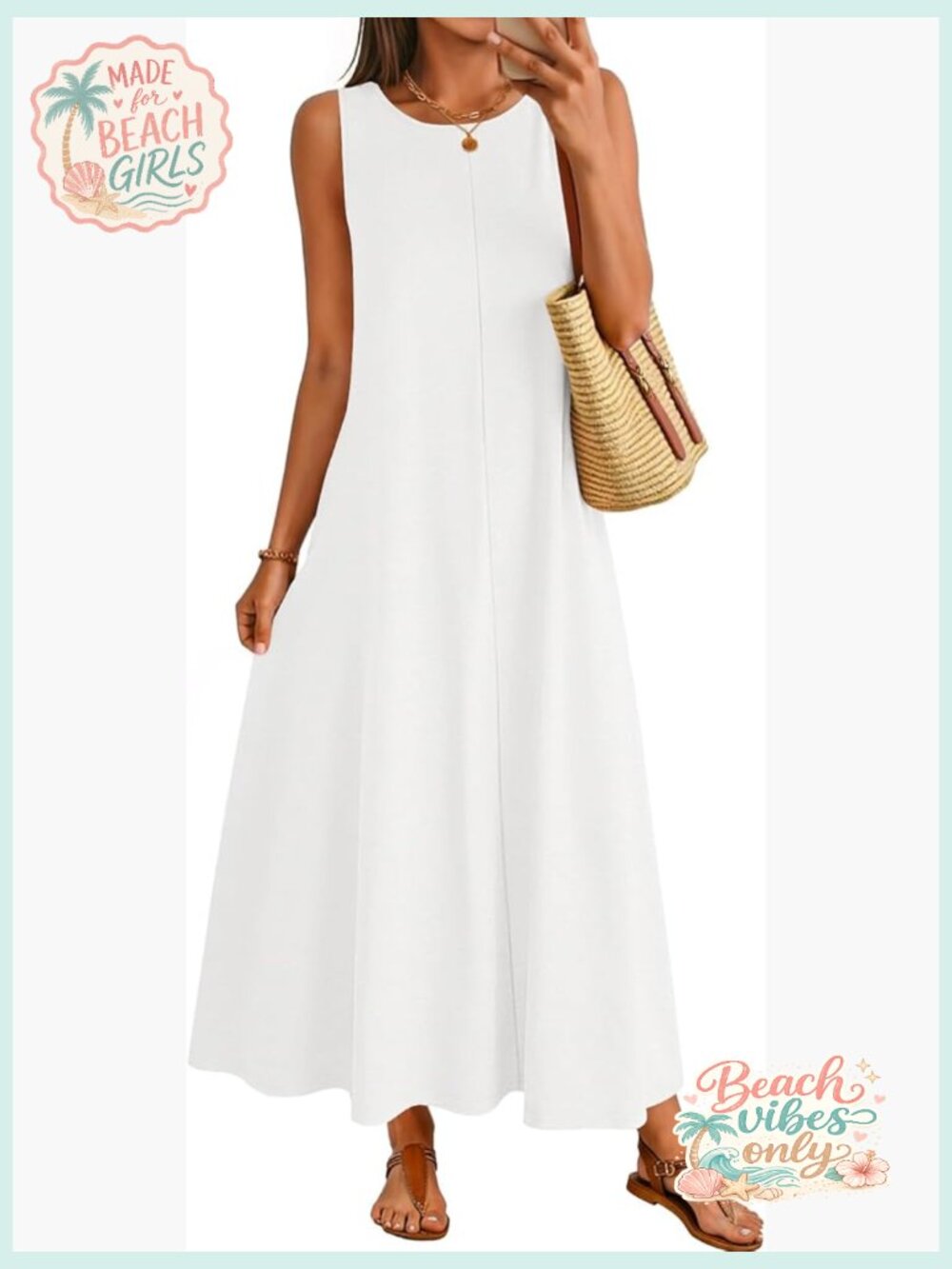 Women's Crewneck Sleeveless Maxi Dress Casual Flowey Loose Fit Beach Sundress
